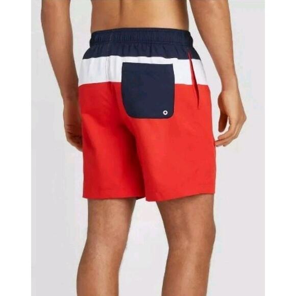 Speedo Mens S Red White Navy Blue Elastic Waist Drawstring Swim Trunks Shorts - Picture 2 of 11